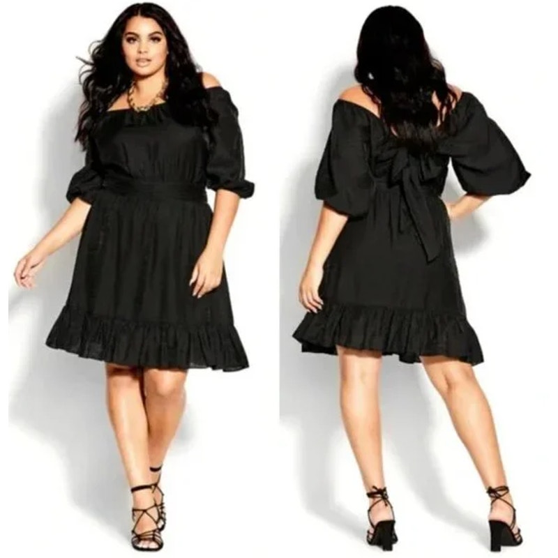 City Chic Off The Shoulder Flirt Mini Dress Balloon Sleeve Tie Open Back Ruffle